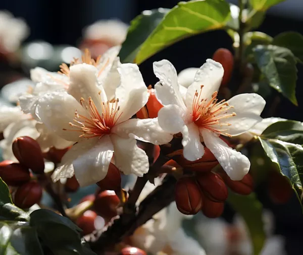 Small white coffee flowers blooming on branches at North Fields in La Fortuna during the early growing season.